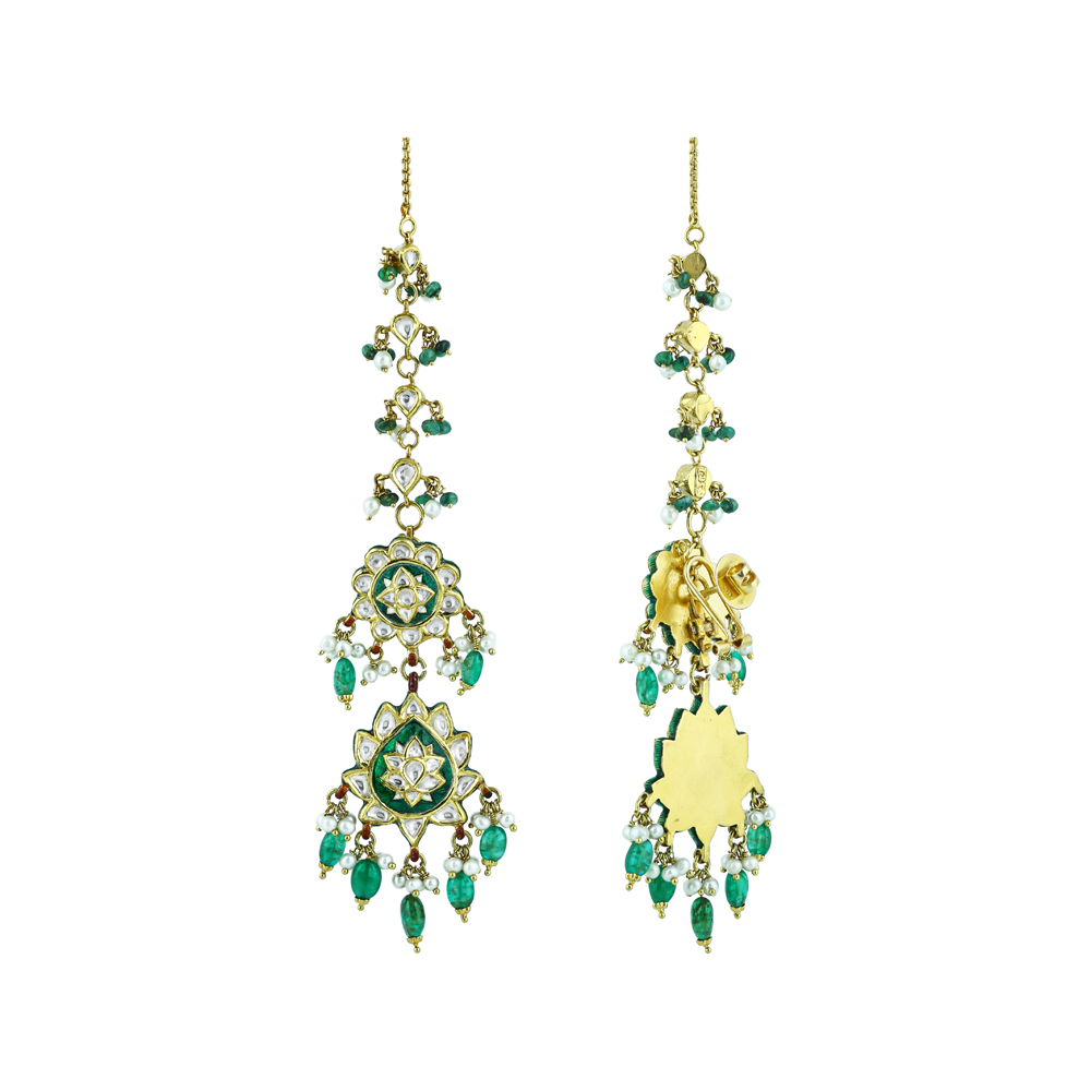 Long Earrings with Emerald, Pearls, Polki, and Floral Enamel